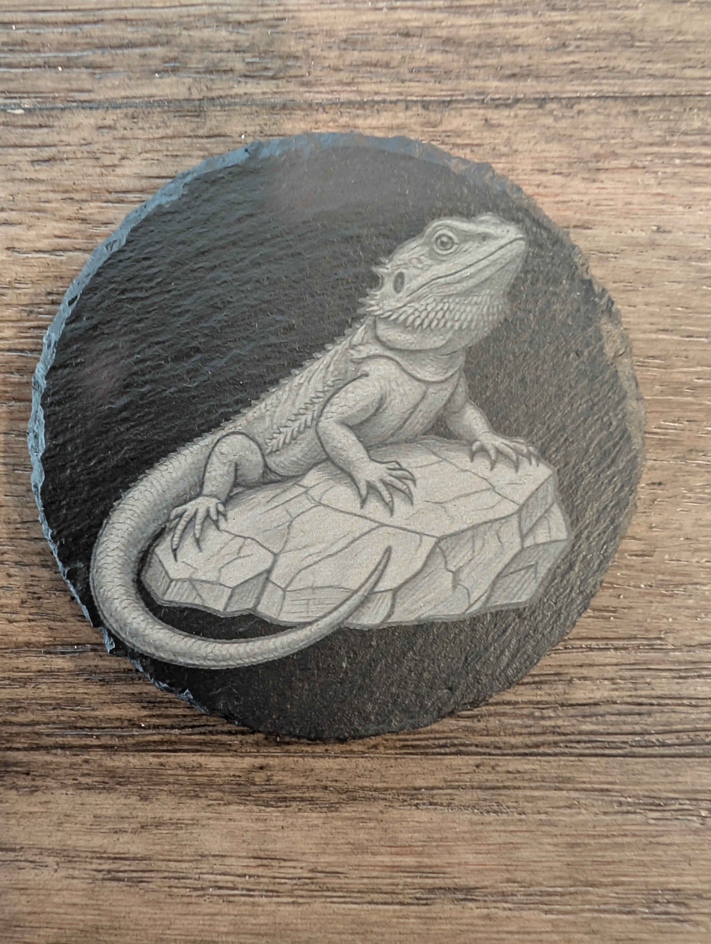 Bearded Dragon Slate Coaster – Laser Engraved Natural Stone Drink Coaster with Non-Slip Feet