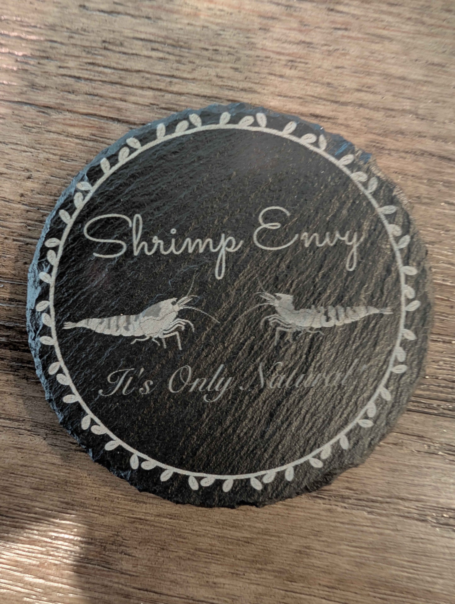 Shrimp Envy Slate Coaster – Laser Engraved Natural Stone Drink Coaster with Non-Slip Feet