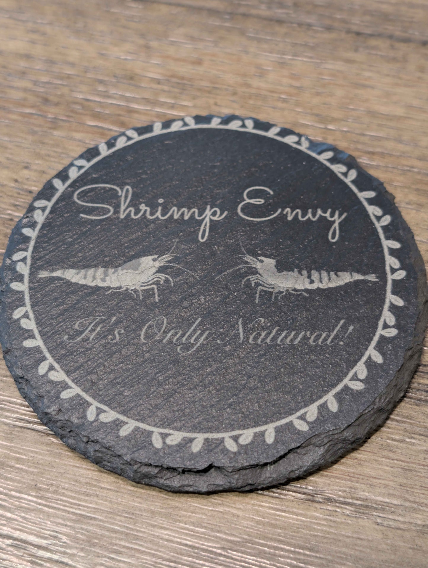 Shrimp Envy Slate Coaster – Laser Engraved Natural Stone Drink Coaster with Non-Slip Feet