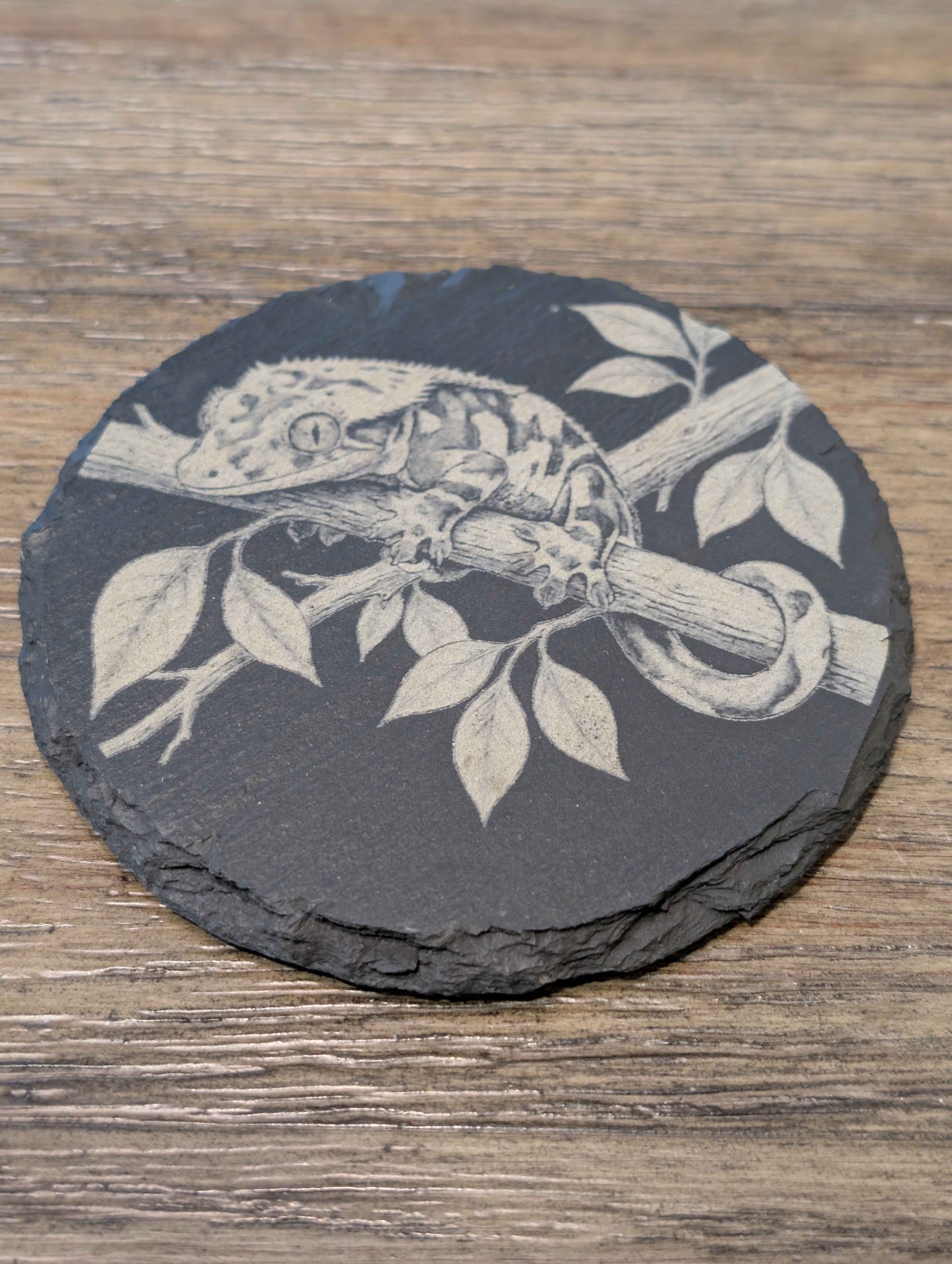 Crested Gecko Slate Coaster – Laser Engraved Natural Stone Drink Coaster with Non-Slip Feet