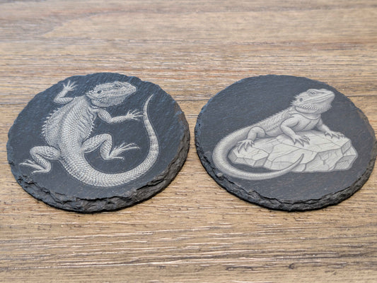 Bearded Dragon Slate Coaster – Laser Engraved Natural Stone Drink Coaster with Non-Slip Feet